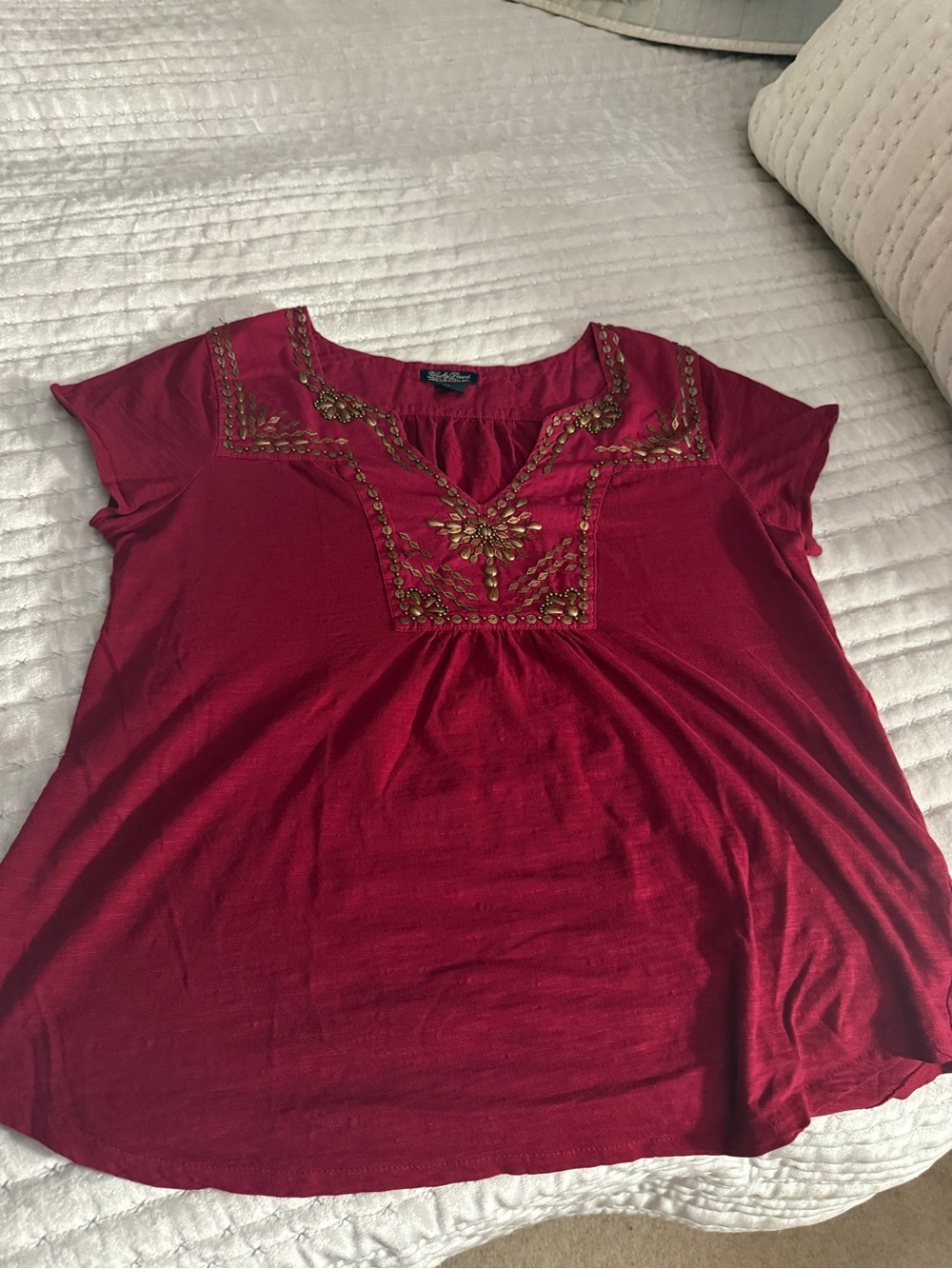 Lucky Brand Deep Red Short-Sleeve Top with Gold Embroidery
